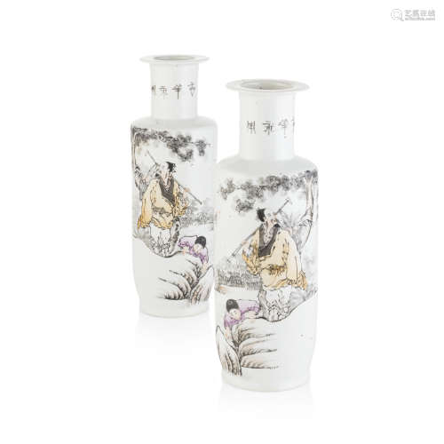 PAIR OF QIANJIANG-DECORATED 'LI SHIZHEN' ROULEAU VASES,SIGNED YU ZIMING, REPUBLIC PERIOD