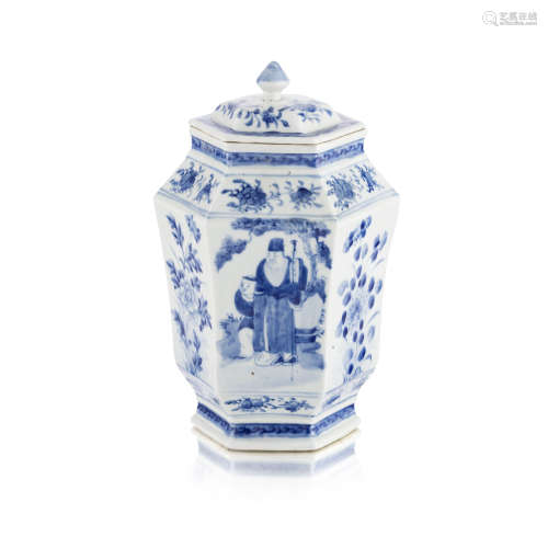 BLUE AND WHITE HEXAGONAL COVERED JAR,LATE QING DYNASTY