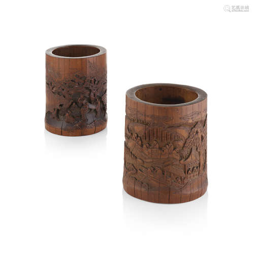 TWO CARVED BAMBOO BRUSHPOTS