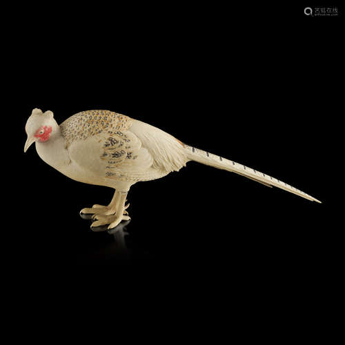 PARTIALLY STAINED IVORY OKIMONO OF A PHEASANT,SIGNED MITSUYUKI, MEIJI PERIOD