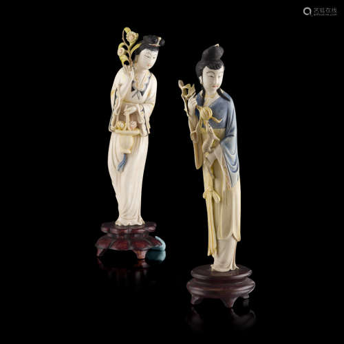TWO PAINTED IVORY FIGURES OF FEMALE IMMORTALS,REPUBLIC PERIOD