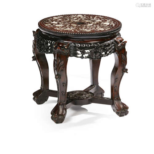 MOTHER-OF-PEARL INLAID HARDWOOD STOOL