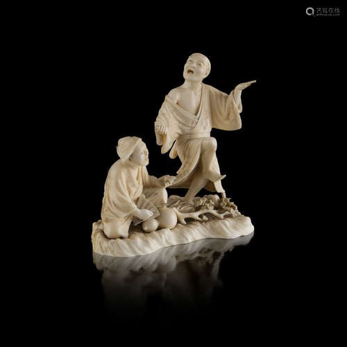 IVORY OKIMONO OF TWO STREET ENTERTAINERS,MEIJI PERIOD