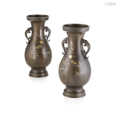 PAIR OF MIXED-METAL INLAID BRONZE VASES,MEIJI PERIOD