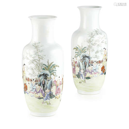 PAIR OF FAMILLE ROSE 'BOYS' VASES, GUANYIN PING,JU REN TANG MARK, REPUBLIC PERIOD