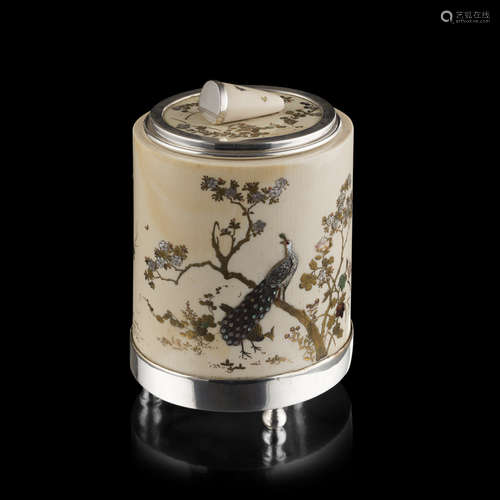 SILVER-MOUNTED AND SHIBAYAMA-INLAID IVORY TUSK VASE AND COVER,MEIJI PERIOD