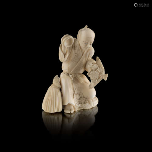 CARVED IVORY OKIMONO OF A MAN HOLDING A BUNCH OF FLOWERS,SIGNED GYOKUGETSU, MEIJI PERIOD