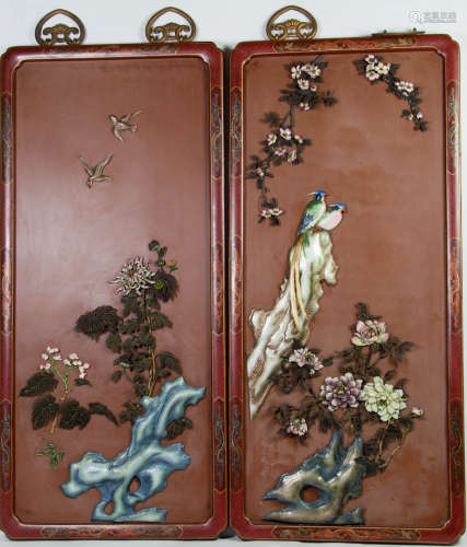 Chinese Extra Large Pair of Enameled Silver Plaque
