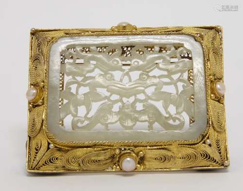 Chinese White Jade Inset in Silver Brooch