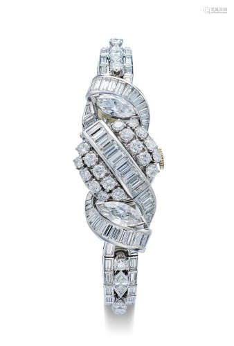 汉米尔顿　精致罕有，白金镶钻石女装链带机械腕表，备隐藏表盘，年份约1970