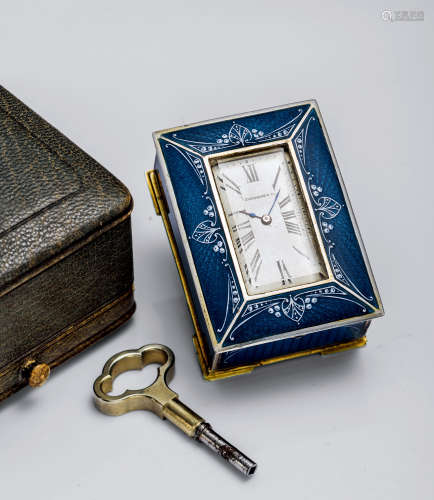 HAUSMANN　银镀金及珐琅座钟，备钥匙，年份约1900，附原厂表盒