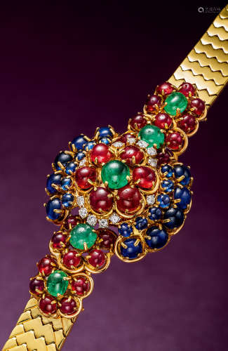 古柏林　罕有珍贵黄金镶钻石，蓝宝石，红宝石及祖母绿链带女装机械腕表，备隐藏表盘，年份约1970，附原厂布袋