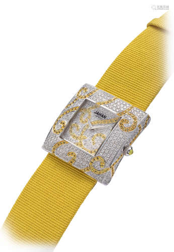 JAHAN　精致及罕有，白金方型镶白钻及黄钻女装石英腕表，年份约2000