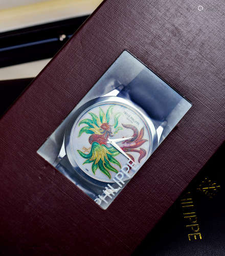 百达翡丽　精致罕有，铂金自动上弦腕表，备掐丝珐琅表盘，「凤凰」型号5077P-053，年份约2011，附原厂证书及表盒，原厂双封