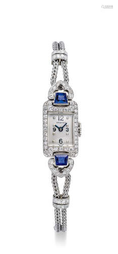 蒂芙尼　精细典雅，铂金镶钻石及蓝宝石女装链带机械腕表，年份约1930
