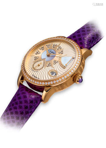 格拉苏蒂　精美玫瑰金镶钻石女士机械腕表，备小秒针、动力储存及日期显示，「Panoreserve」型号65-01-51-51-04，年份约2005，附原厂证书及表盒