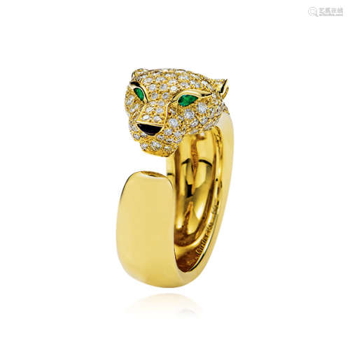 卡地亚设计 钻石配祖母绿及黑玛瑙「猎豹」造型戒指