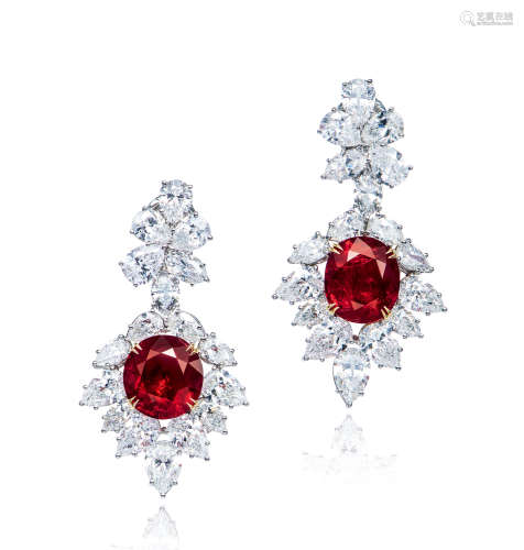 海瑞·温斯顿设计 共重约15.08克拉缅甸红宝石配钻石耳环，未经加热