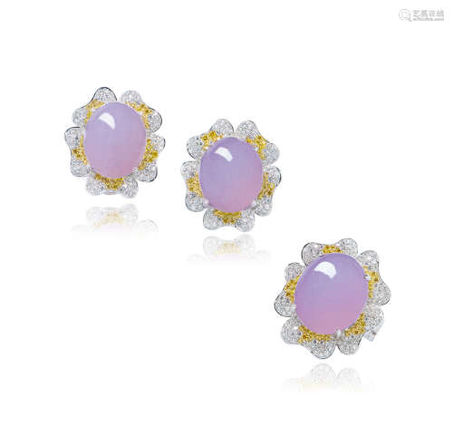 缅甸天然紫罗兰翡翠蛋面配彩色钻石及钻石戒指及耳环套装