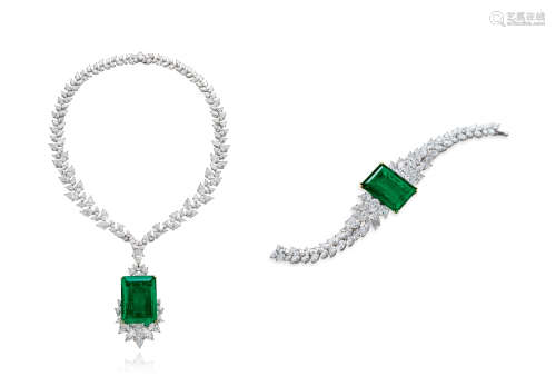 海瑞·温斯顿设计 全球唯一65.55克拉及85.41克拉哥伦比亚祖母绿配钻石手链及项链套装