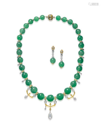 缅甸天然翡翠珠配钻石级黄钻石颈链及耳环套装