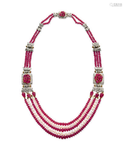 天然珍珠及红宝串珠项链