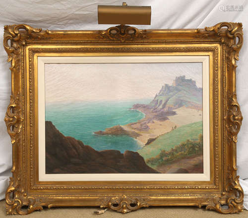 19th C. French Mont Orgueil Castle Painting, Oil