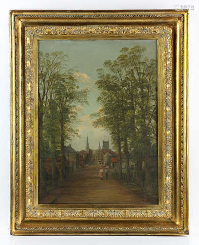 19th C. English School, Village Scene, Oil on Canvas