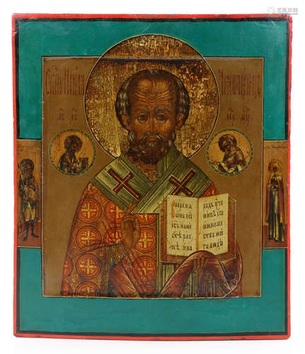 19th C. Antique Russian Icon of St. Nicholas with Saints