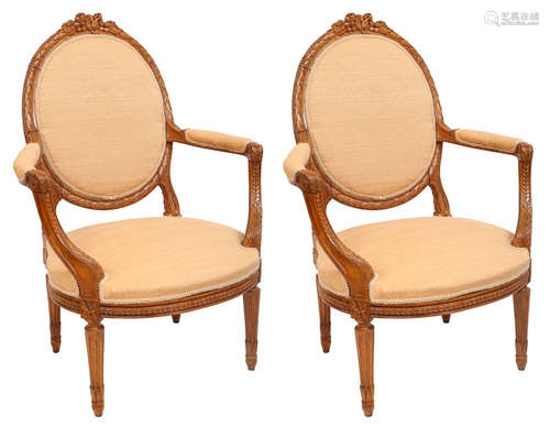 Pr. Louis XVI Hand Carved Chairs with Horse Hair Seats