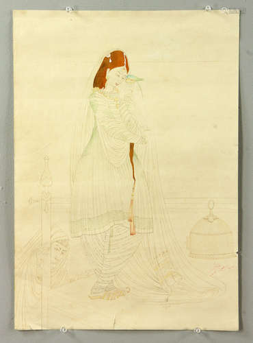 Chughtai, Woman with Bird, Watercolor and Ink