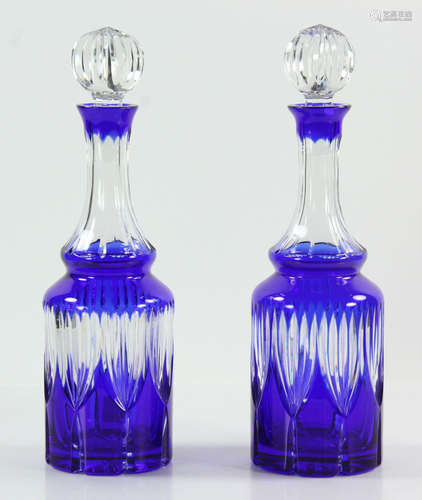 Pr. Cobalt Blue Cased Cut Glass Decanters