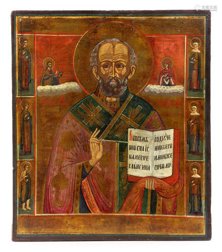 19th C. Antique Russian Icon of St. Nicholas with Saints