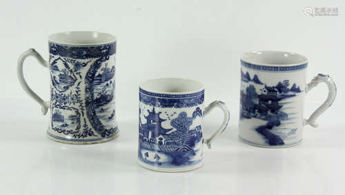 Three Chinese Blue and White Porcelain Mugs