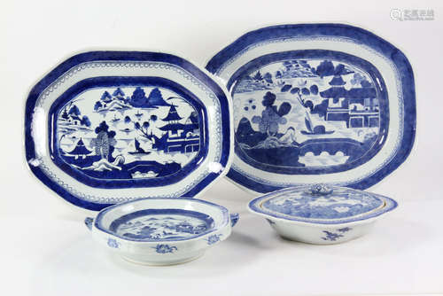 Four Chinese Canton Blue and White Porcelain Items