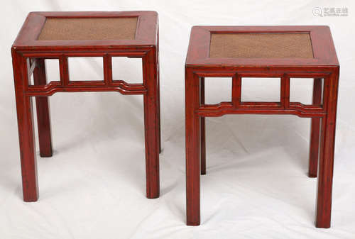 Pr. Chinese Red Lacquered Rattan Seats