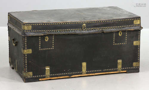 China Trade Black Leather and Brass Captain's Trunk