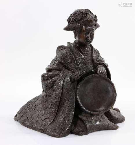 Japanese Bronze Sculpture of Female Musician