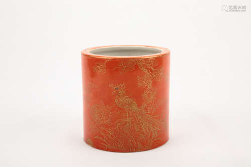 A Chinese Coral-Red Glazed Brush Pot