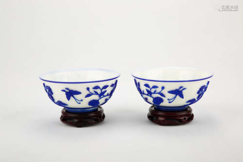A Pair of Chinese Blue and White Peking Glass Bowls