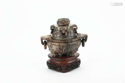 A Chinese Carved Jade Censer with Cover