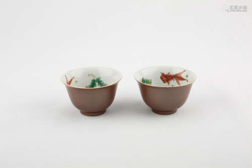 A Pair of Chinese Brown Glazed Porcelain Cups with Fish and Grass Pattern
