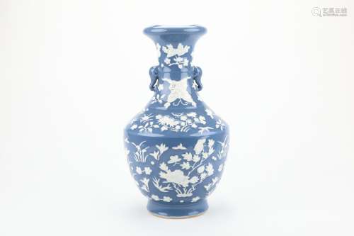 A Chinese Sky-Blue Glazed Porcelain Vase with White Flower and Butterfly