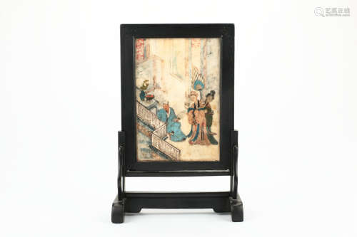 A Chinese Wood Table Screen with Painting on Stone Plaque