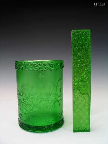 Chinese glass brush pot and paper weight.