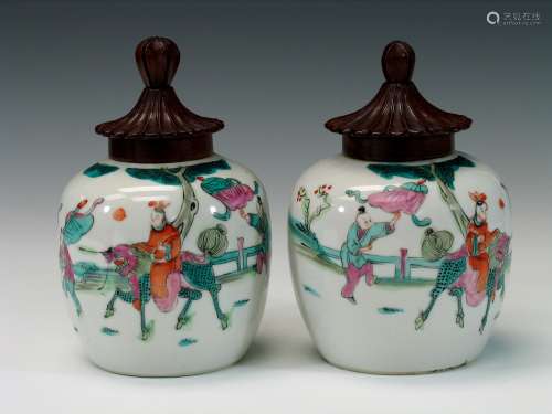 Pair Chinese famille rose porcelain jars with wood lids