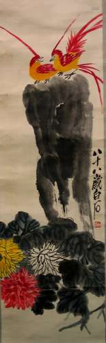 Chinese water color painting scroll, signed Qi Bai Shi.