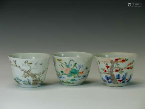 Three Chinese famille rose porcelain wine cups, Kangxi