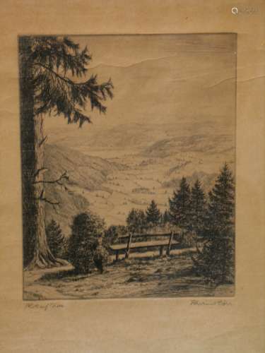 Blick auf Titisee, etching, signed by Ferdinand Dorr,