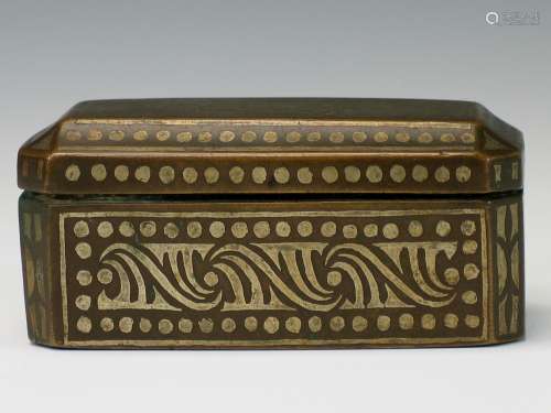 A bronze box with silver inlaid.
